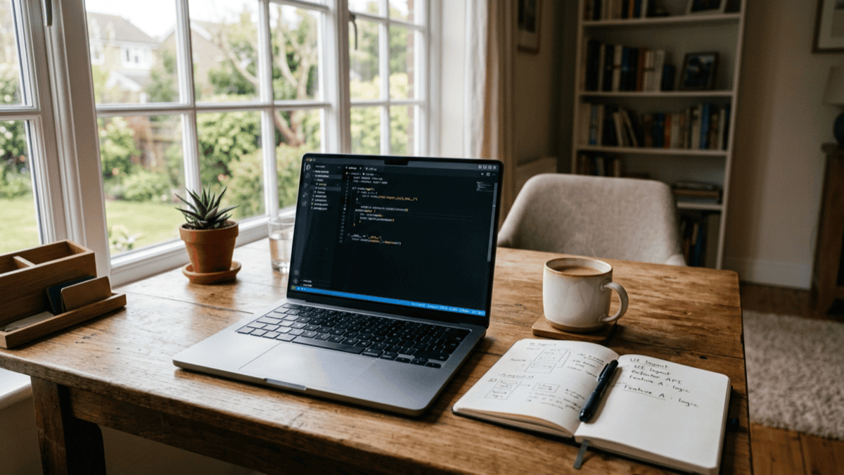 Laptop on wooden desk by window with code editor open